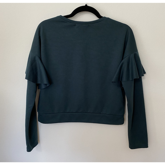 Romeo & Juliet Hunter Green Ruffle Long Sleeve Knit Round Neck Sweater S - Picture 2 of 9